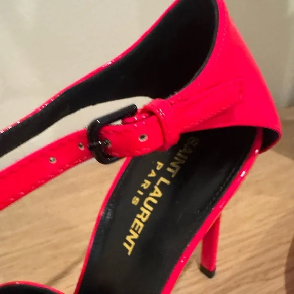 Saint Laurent Neon Pink Patent Pointed-Toe Ankle-Strap Pumps - Picture 10 of 15